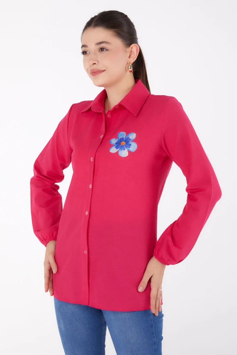 Tofisa Plain Shirt Collar Women's Fuchsia Printed Shirt - 13338
