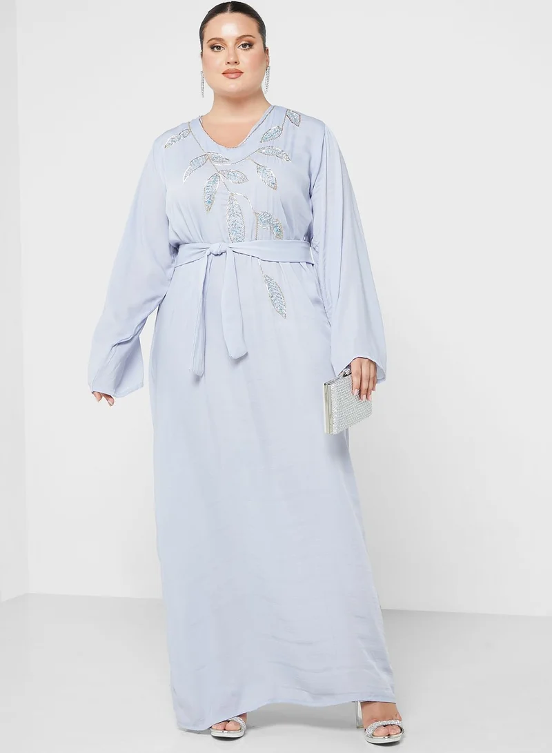Hayas Closet Curve Embellished Belted Jalabiya