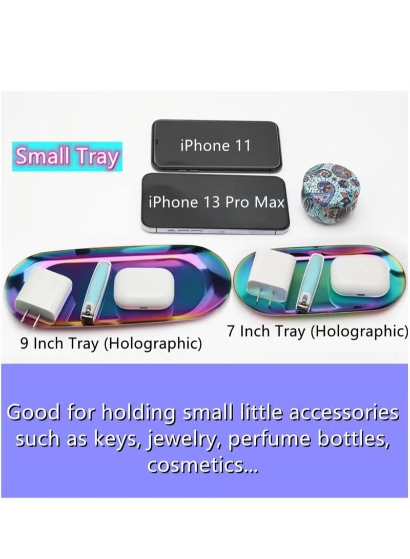 Red Leaf Holographic Oval Decorative Tray Set of 2, Stainless Steel Jewelry Dish Cosmetics Organizer, Vanity Storage Tray for Bathroom, Serving - Image 3