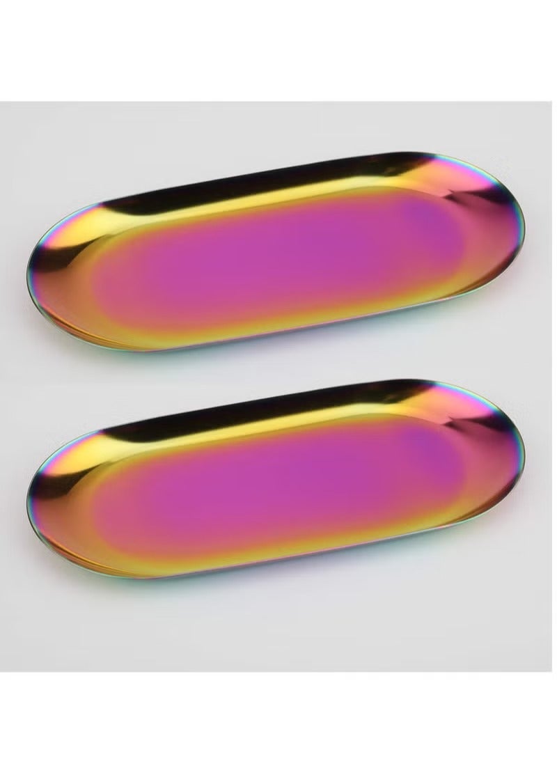 Red Leaf Holographic Oval Decorative Tray Set of 2, Stainless Steel Jewelry Dish Cosmetics Organizer, Vanity Storage Tray for Bathroom, Serving - Image 1