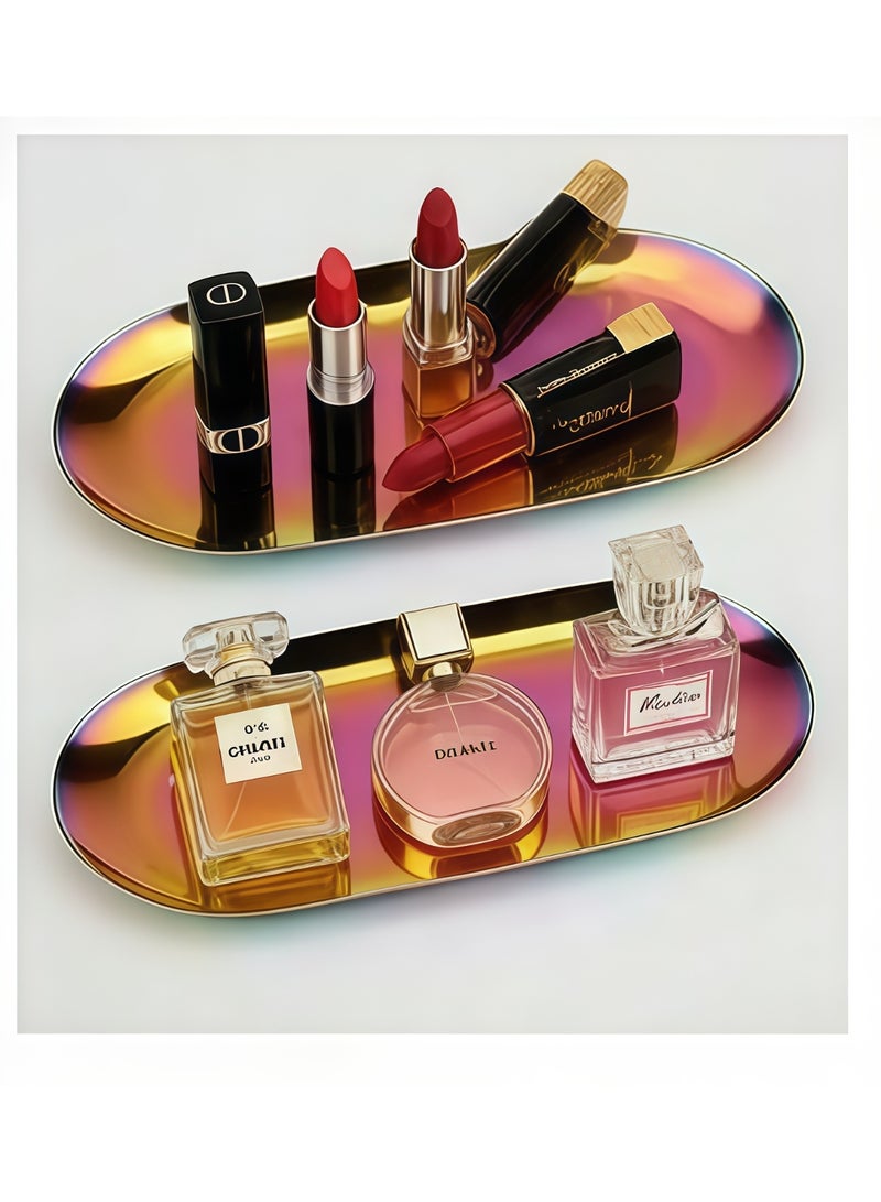 Red Leaf Holographic Oval Stainless Steel Vanity Tray Set of 2, Jewelry Cosmetic Organizer, Serving Tray for Home Decor - Image 1
