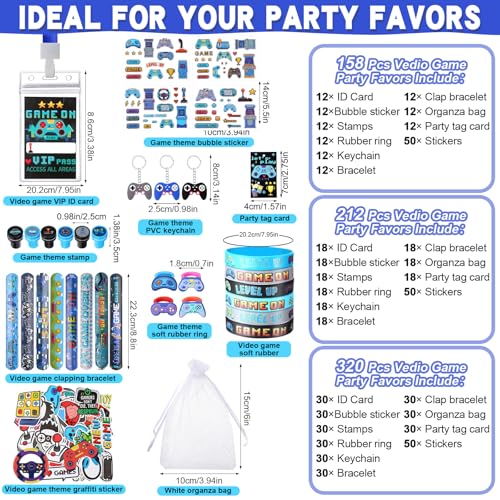 RoundFunny 158 Pcs Video Game Party Favors Gamer Birthday Supplies Included Game Controller Keychains Cards with Card Holders Wristband Ring Sticker Stamper Slap Bracelet Organza Bag for Kids - Image 5