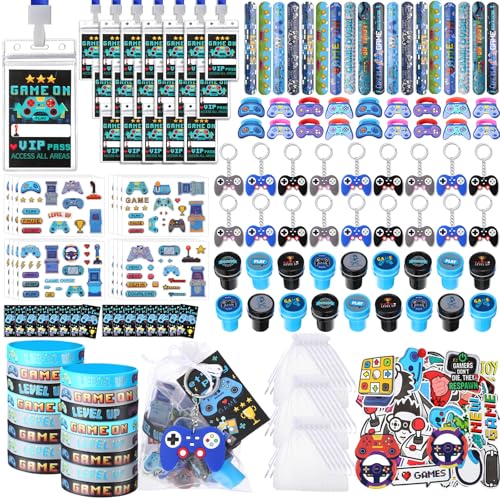 RoundFunny 158 Pcs Video Game Party Favors Gamer Birthday Supplies Included Game Controller Keychains Cards with Card Holders Wristband Ring Sticker Stamper Slap Bracelet Organza Bag for Kids - Image 1