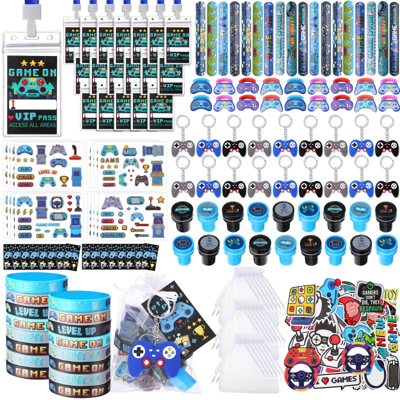 RoundFunny 158 Pcs Video Game Party Favors Gamer Birthday Supplies Included Game Controller Keychains Cards with Card Holders Wristband Ring Sticker Stamper Slap Bracelet Organza Bag for Kids - Image 3