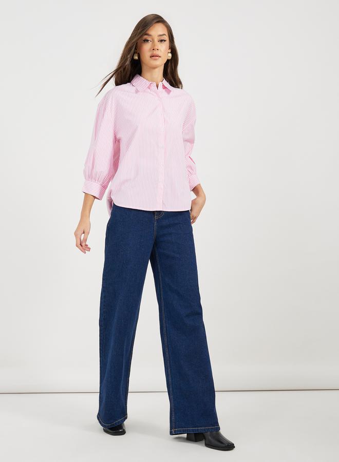 Styli Striped Buttoned Down 3/4th Balloon Sleeves Shirt  - Image 2