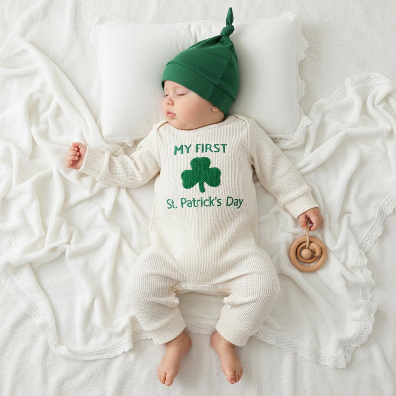 Amnnchya My First St Patricks Day Baby Girl Boy Outfit Cute Clover Jumpsuit Irish Romper Newborn Fall Winter Spring Clothes (Apricot, 3-6 Months) - Image 3