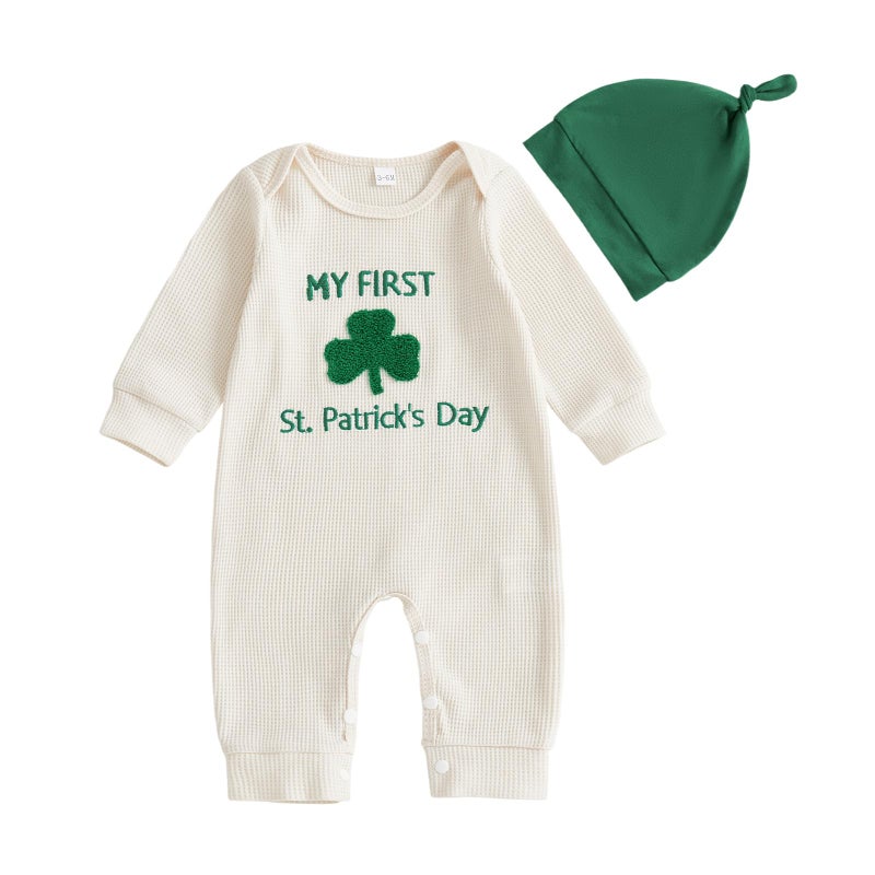 Amnnchya My First St Patricks Day Baby Girl Boy Outfit Cute Clover Jumpsuit Irish Romper Newborn Fall Winter Spring Clothes (Apricot, 3-6 Months) - Image 1