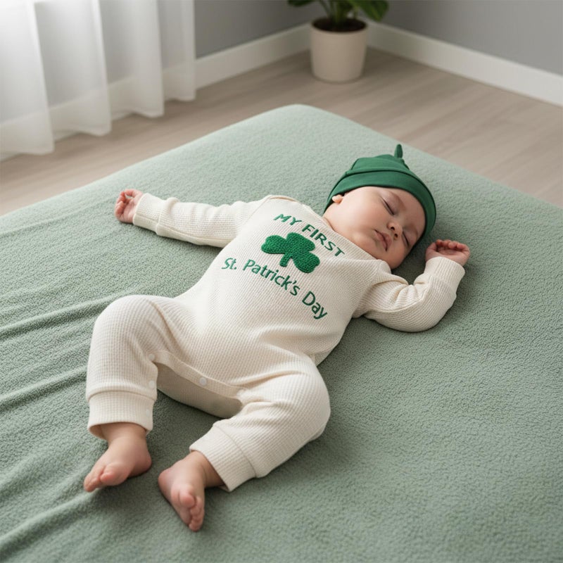 Amnnchya My First St Patricks Day Baby Girl Boy Outfit Cute Clover Jumpsuit Irish Romper Newborn Fall Winter Spring Clothes (Apricot, 3-6 Months) - Image 2