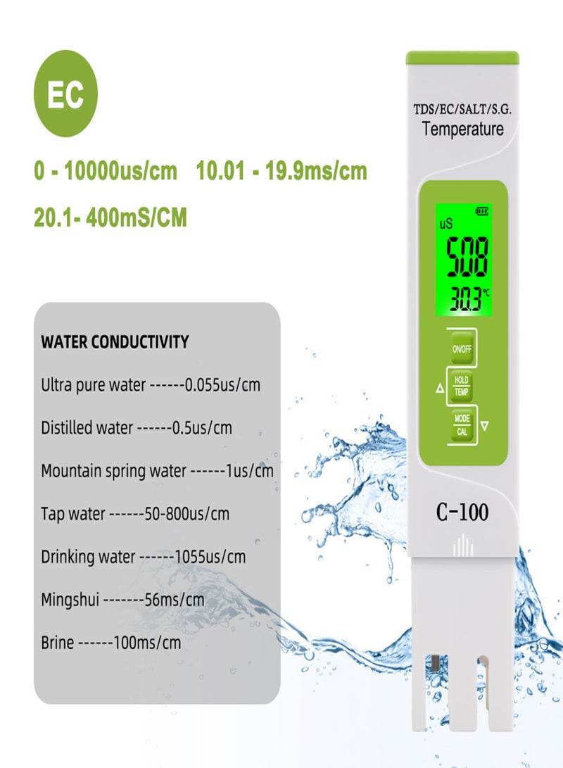 5 in 1 TDS/EC/SALT/S.G./Temperature Meter Digital Water Quality Monitor Tester for Pools Drinking Water Aquariums with Backlight （battery not included)） - Image 3