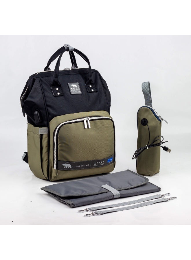 Lucid's latest edition waterproof maternity bag with changing mat and thermal bottle holder with heating element - black and Olive green - Image 1