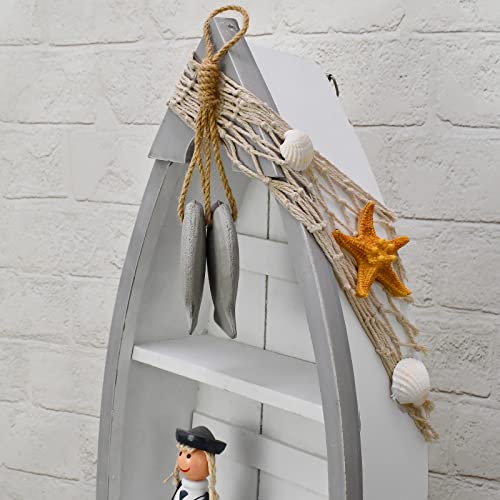 Linfevisi Wood Boat Shelf Decor Beach Theme Standing Boat Shelf Wooden Boat Decor Boat Book Shelf Nautical Decor Standing Boat Display with Net Starfish Seashell Accent Home Decor for Bathroom 16.5" - Image 4