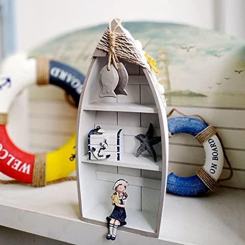 Linfevisi Wood Boat Shelf Decor Beach Theme Standing Boat Shelf Wooden Boat Decor Boat Book Shelf Nautical Decor Standing Boat Display with Net Starfish Seashell Accent Home Decor for Bathroom 16.5" - Image 3