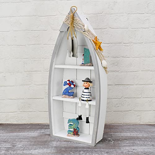 Linfevisi Wood Boat Shelf Decor Beach Theme Standing Boat Shelf Wooden Boat Decor Boat Book Shelf Nautical Decor Standing Boat Display with Net Starfish Seashell Accent Home Decor for Bathroom 16.5" - Image 2