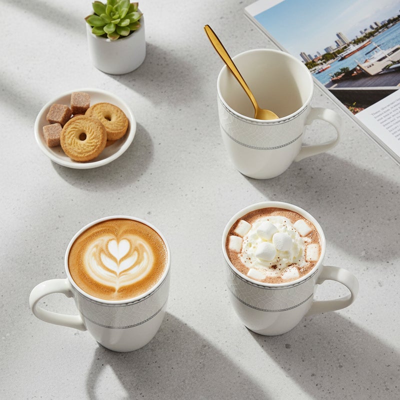 Shallow JUNA New Bone China Mug 355 ml – Elegant White Coffee & Tea Mug with Subtle Texture for Daily Use, Brunch, Coffee Station, Ramadan, Eid, Diwali & Gifting (Set of 4) - Image 4