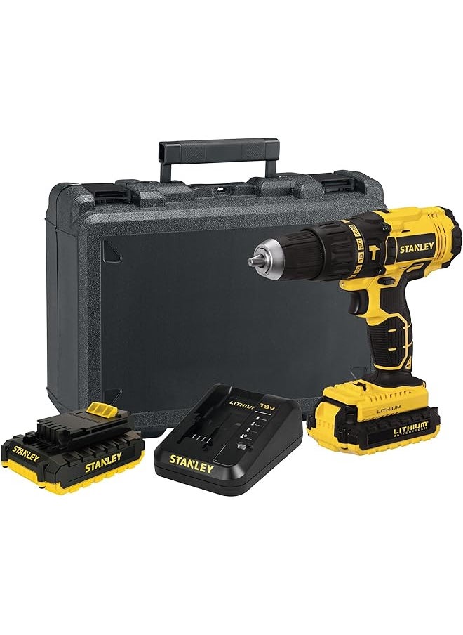 Stanley - 18V Cordless Li Ion Hammer Drill With Kit Box For Wood And Concrete Drilling Yellow Black Sch20S2K B5 - Image 1