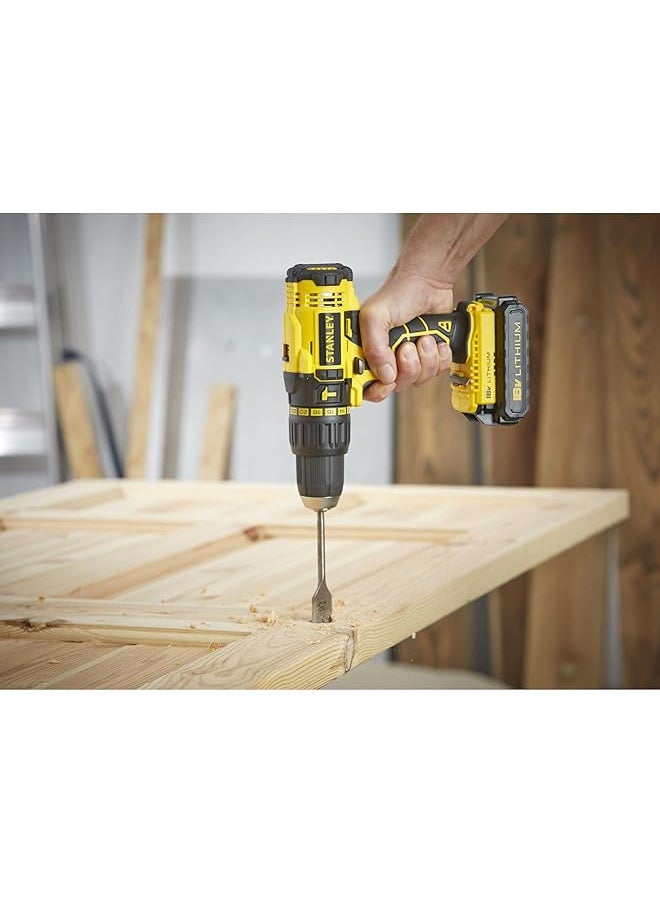 Stanley - 18V Cordless Li Ion Hammer Drill With Kit Box For Wood And Concrete Drilling Yellow Black Sch20S2K B5 - Image 1