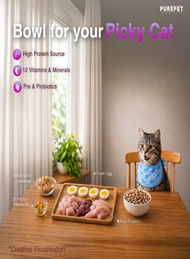 Purepet Adult Dry Cat Food 1kg Pack | Real Chicken Flavour | Prevents Hairballs | Supports Cardiac Function | Promotes Skin Wellness | Enriched with Taurine - Image 3