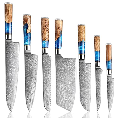 Senken Knives SENKEN 7-Piece Damascus Kitchen Knife Set - Tsunami Collection - 67-Layer Japanese VG10 Steel - Chef's Knife, Cleaver, Santoku, Bread, Boning, & More - Image 1