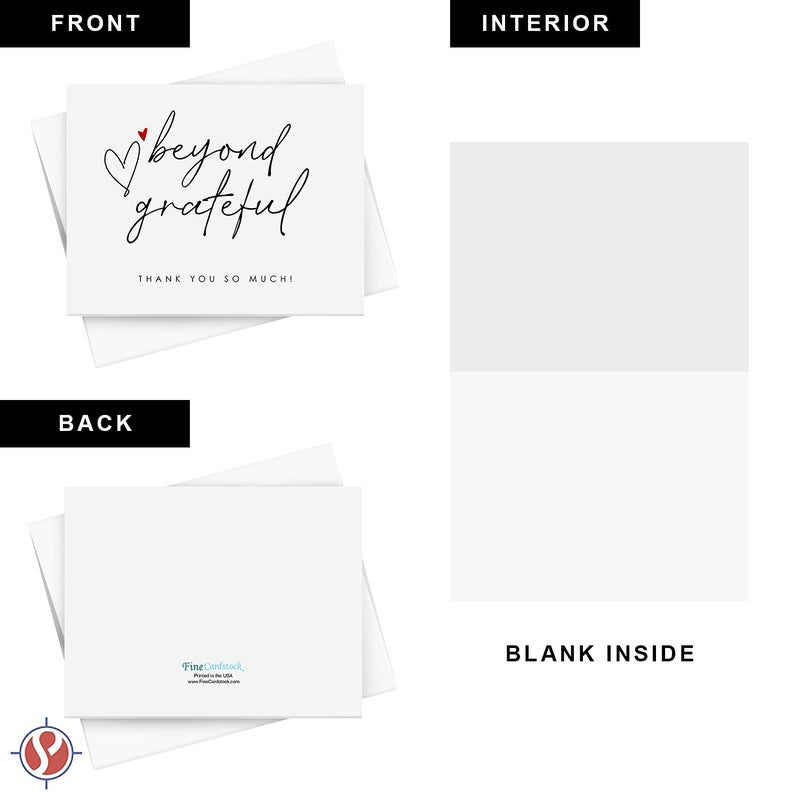 S Superfine Printing Beyond Grateful â€“ Thank You So Very Much! w/Small Red Heart â€“ Elegant Greeting Cards for Wedding, Christmas, Valentineâ€™s, Bridal Shower, Anniversary â€“ Blank Inside | 4.25 x 5.5â€ | 10 per Pack - Image 2