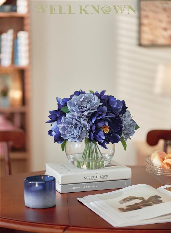WELL KNOWN Artificial Flowers in Vase, Artificial Flowers for vase with Faux Water for Coffee Table Decor, Silk fake Flower Arrangements Peonies Table Centerpieces (Blue) - Image 2
