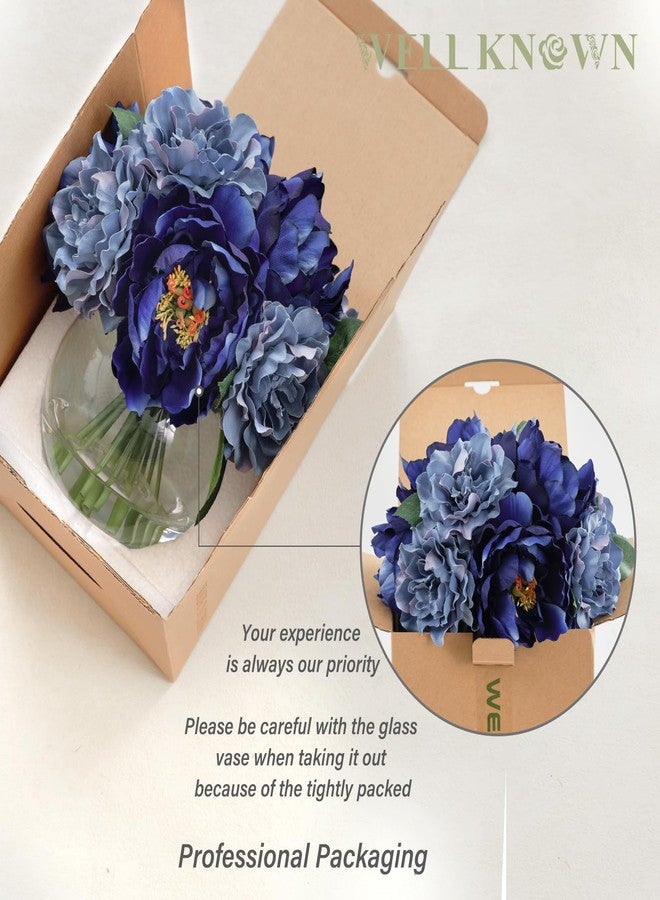 WELL KNOWN Artificial Flowers in Vase, Artificial Flowers for vase with Faux Water for Coffee Table Decor, Silk fake Flower Arrangements Peonies Table Centerpieces (Blue) - Image 5