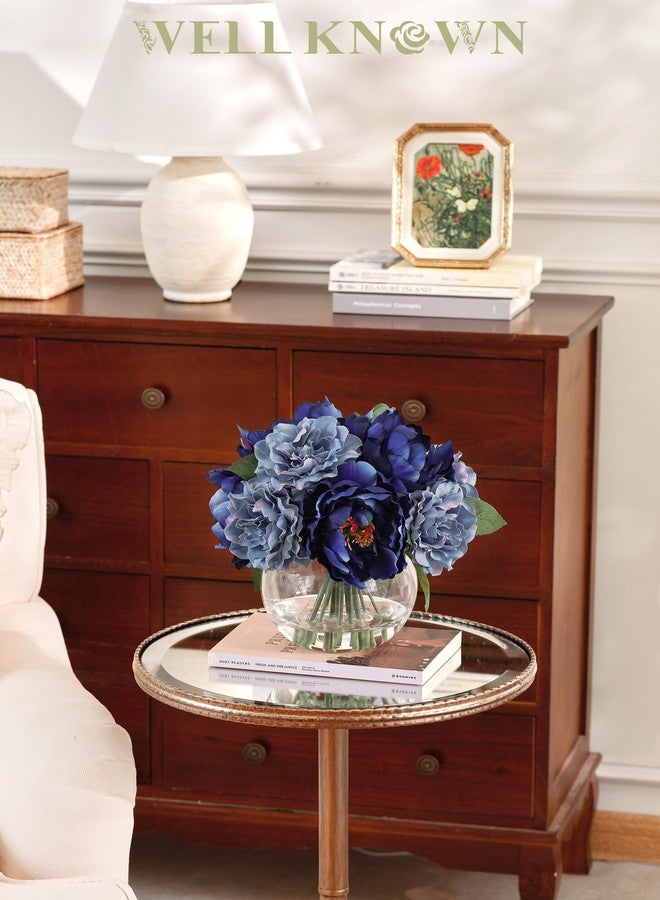 WELL KNOWN Artificial Flowers in Vase, Artificial Flowers for vase with Faux Water for Coffee Table Decor, Silk fake Flower Arrangements Peonies Table Centerpieces (Blue) - Image 3