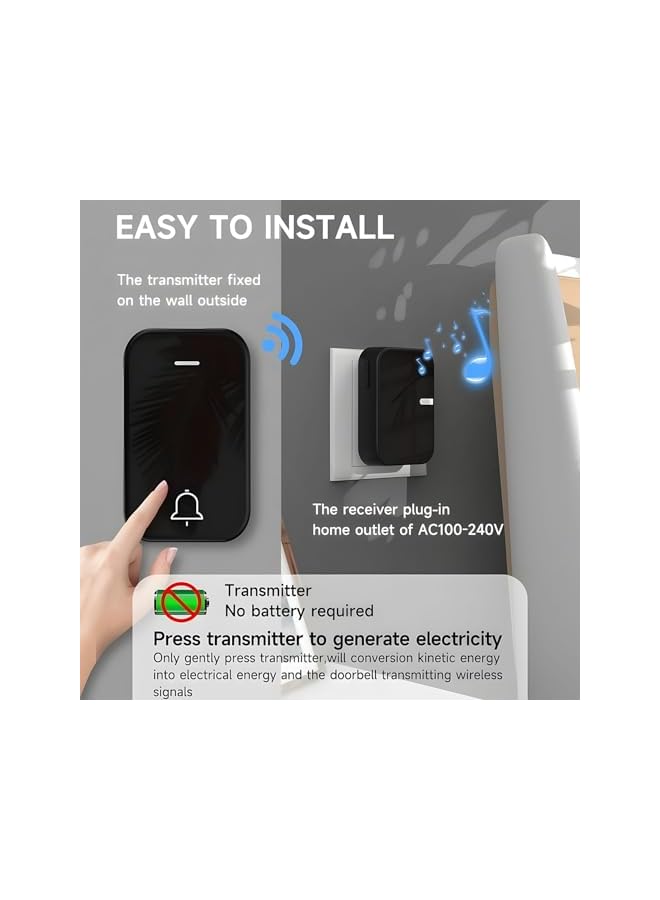 PROMASS promass Wireless Doorbell, Black Waterproof Door Bell Kit have 2 Plug in Receivers Kit and 1 Chime Transmitter Remote, 38 Chimes, 4 Level Volumes Ring Doorbell Wireless for Home and Office  - Image 4