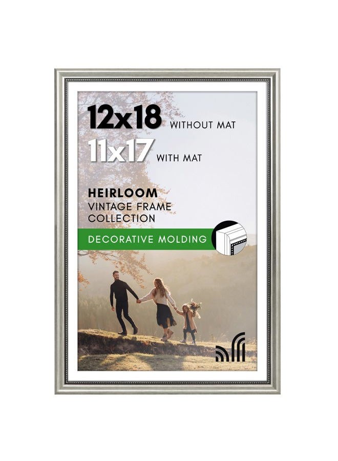 Americanflat Vintage Frames - 12x18 Poster Frame with Beaded Accents and Polished Plexiglass - Use as 11x17 Frame or Display 12x18 Photos Without Mat - Heirloom Collection - Wall Display - Silver - Image 1