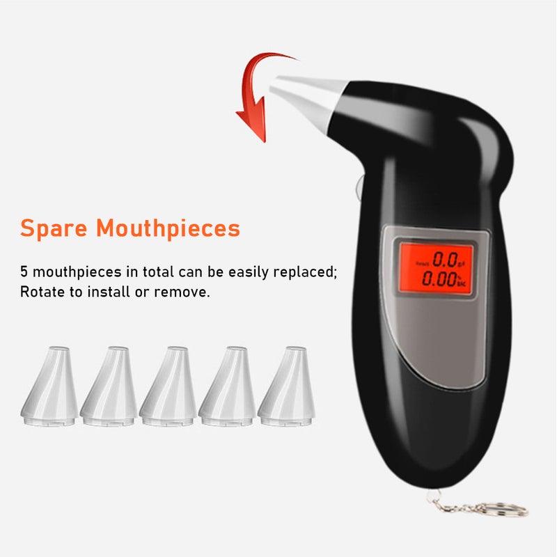 Portable Breathalyzer with 5 Mouthpieces Breath Alcohol Tester Keychain Backlit LED Digital Accurate BAC Detector Analyzer with Alarm for Personal Use - Image 4