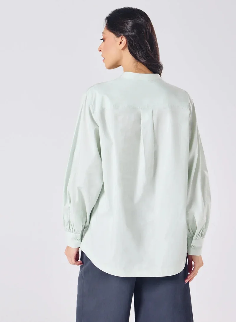 Zigzag Mandarin  Collar Cotton Oversized Shirt- Pastel Green