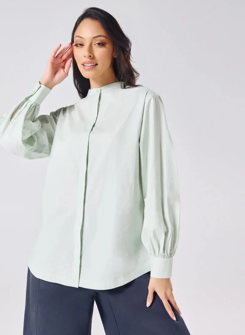 Zigzag Mandarin  Collar Cotton Oversized Shirt- Pastel Green