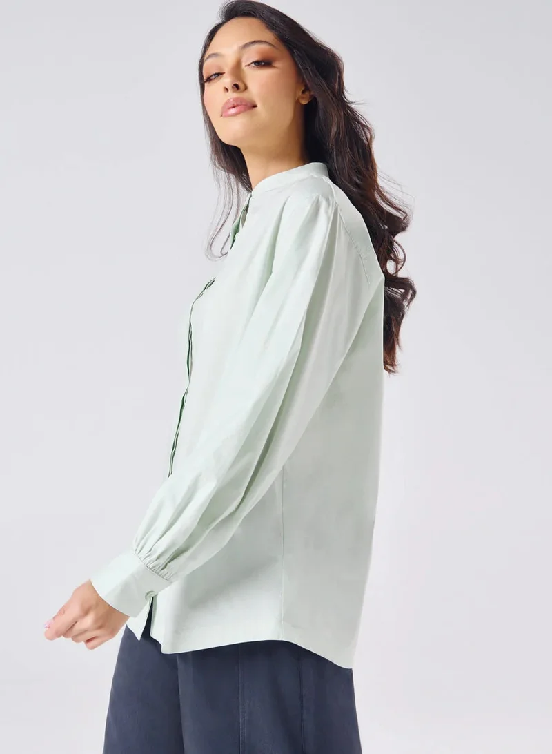 Zigzag Mandarin  Collar Cotton Oversized Shirt- Pastel Green