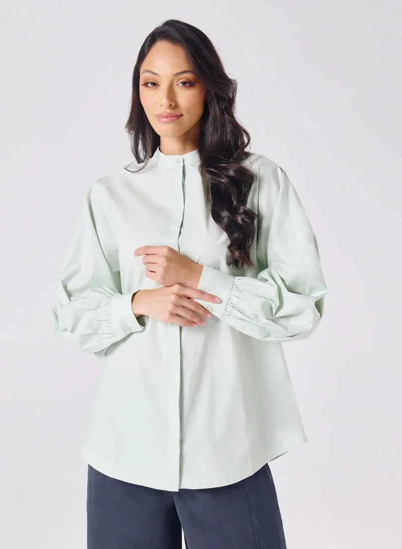 Zigzag Mandarin  Collar Cotton Oversized Shirt- Pastel Green