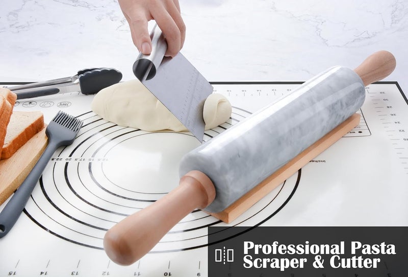 SIPARUI Marble Rolling Pin Set with Silicone Pastry Mat,Pastry Brush,Cooking Tongs,Stainless Steel Scraper18.5 inch Polished Non-Stick Roller for Pizza Dough,Fondant,Pie Crust(Gray White) - Image 4