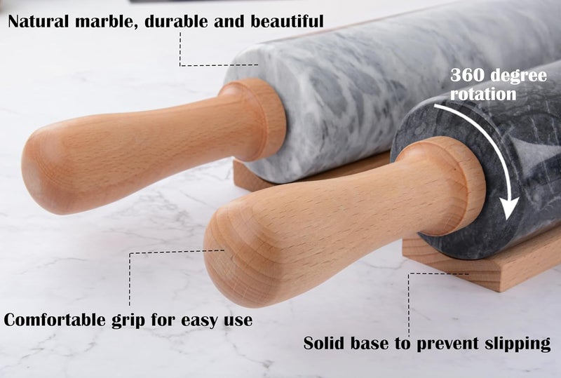 SIPARUI Marble Rolling Pin Set with Silicone Pastry Mat,Pastry Brush,Cooking Tongs,Stainless Steel Scraper18.5 inch Polished Non-Stick Roller for Pizza Dough,Fondant,Pie Crust(Gray White) - Image 5