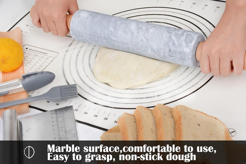 SIPARUI Marble Rolling Pin Set with Silicone Pastry Mat,Pastry Brush,Cooking Tongs,Stainless Steel Scraper18.5 inch Polished Non-Stick Roller for Pizza Dough,Fondant,Pie Crust(Gray White) - Image 3