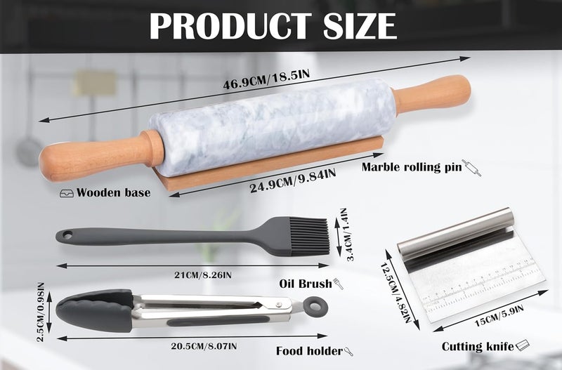 SIPARUI Marble Rolling Pin Set with Silicone Pastry Mat,Pastry Brush,Cooking Tongs,Stainless Steel Scraper18.5 inch Polished Non-Stick Roller for Pizza Dough,Fondant,Pie Crust(Gray White) - Image 2