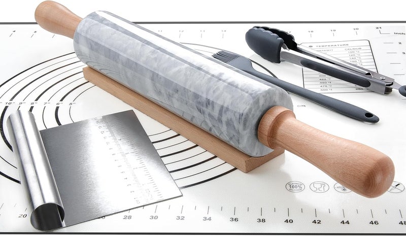 SIPARUI Marble Rolling Pin Set with Silicone Pastry Mat,Pastry Brush,Cooking Tongs,Stainless Steel Scraper18.5 inch Polished Non-Stick Roller for Pizza Dough,Fondant,Pie Crust(Gray White) - Image 1