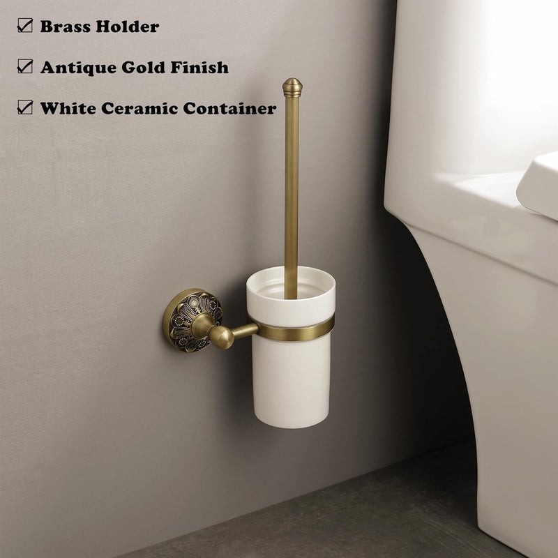 Lucyound Antique Gold Toilet Brush Holder, Wall Mounted Heavy Duty Toilet Bowl Brush and Holder Set, Vintage Decorative Bathroom Accessories, Ceramic and Brass Petal-Relief Series - Image 2