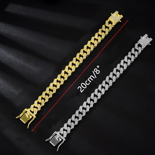 DKJEkdje Cat Chain Collar, 2 Pcs Diamond Cuban Link Kitten Walking Collar with Secure Buckle Pet Rhinestones Necklace Metal Chain Jewelry Accessories for Cats Dogs Kittens Puppies 8inch, Gold and Slivery - Image 2