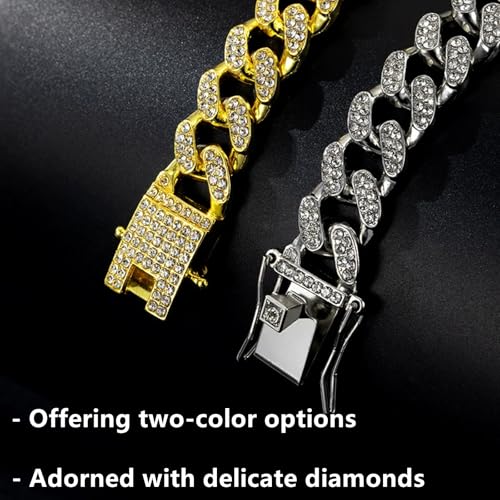 DKJEkdje Cat Chain Collar, 2 Pcs Diamond Cuban Link Kitten Walking Collar with Secure Buckle Pet Rhinestones Necklace Metal Chain Jewelry Accessories for Cats Dogs Kittens Puppies 8inch, Gold and Slivery - Image 3