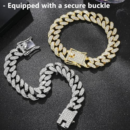DKJEkdje Cat Chain Collar, 2 Pcs Diamond Cuban Link Kitten Walking Collar with Secure Buckle Pet Rhinestones Necklace Metal Chain Jewelry Accessories for Cats Dogs Kittens Puppies 8inch, Gold and Slivery - Image 4