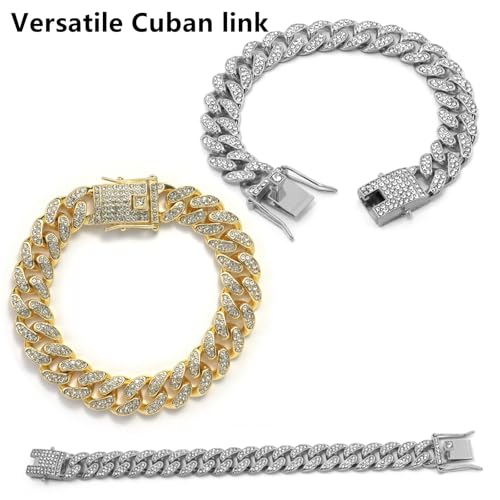 DKJEkdje Cat Chain Collar, 2 Pcs Diamond Cuban Link Kitten Walking Collar with Secure Buckle Pet Rhinestones Necklace Metal Chain Jewelry Accessories for Cats Dogs Kittens Puppies 8inch, Gold and Slivery - Image 5