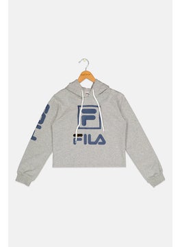 FILA Kids Girl Sportswear Fit Long Sleeves Hooded Sweatshirts, Grey  - Image 1