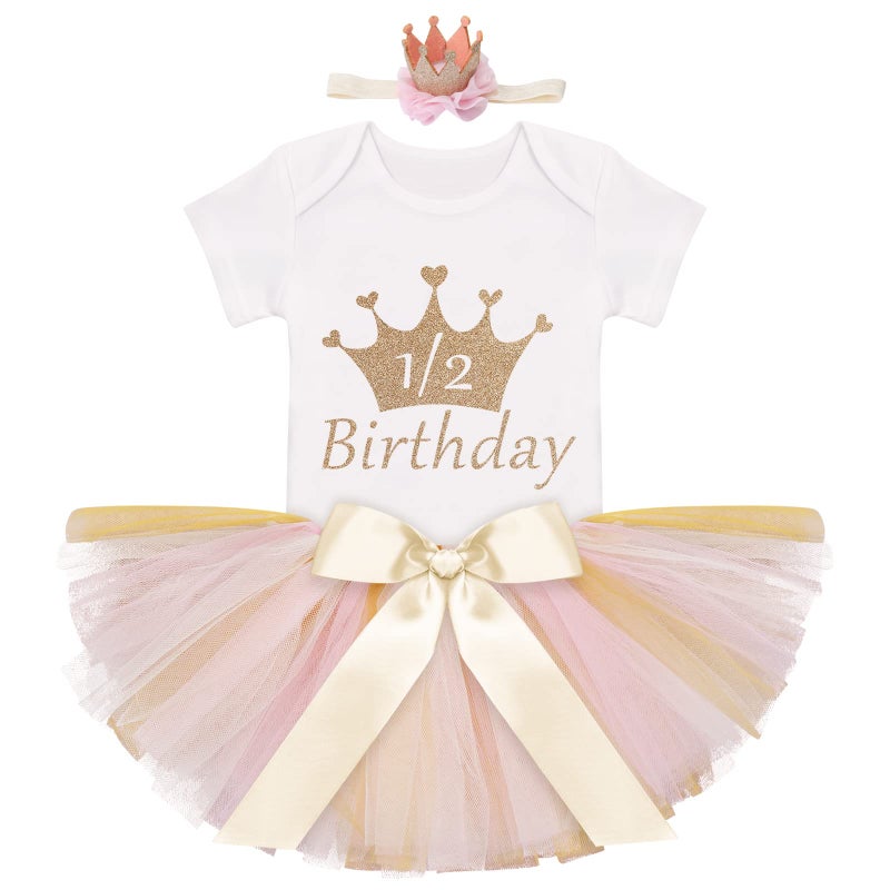 IDOPIP My 1/2 1st Birthday Outfit Baby Girls Shiny Crown Romper + Ruffle Tulle Skirt + Sequins Crown Flower Headband Glitter Party Dress up 3PCS Photo Cake Smash Clothes Set Gold 1/2 Birthday 3-6 Months - Image 1