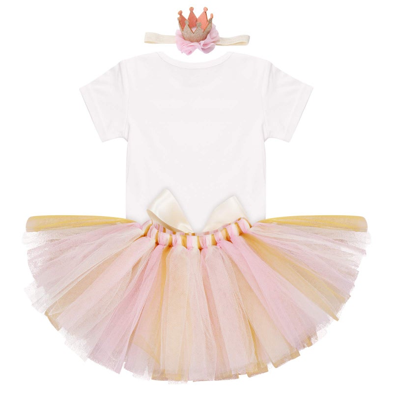 IDOPIP My 1/2 1st Birthday Outfit Baby Girls Shiny Crown Romper + Ruffle Tulle Skirt + Sequins Crown Flower Headband Glitter Party Dress up 3PCS Photo Cake Smash Clothes Set Gold 1/2 Birthday 3-6 Months - Image 2