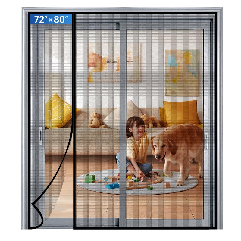LONGEAS Magnetic Screen Door Mesh Left Right Side Opening Upgraded PET Material Mesh Stronger Than Fiberglass and Polyester,Keep Bugs Out,Pet & Kid Friendly Screen Size 74'' X 82'' - Image 1