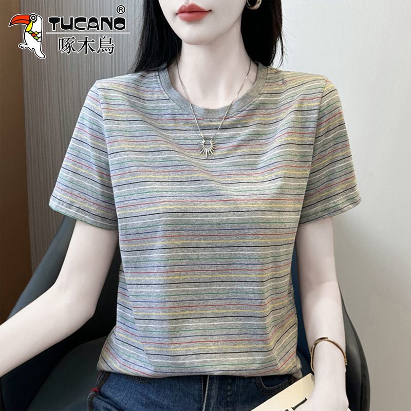 Woodpecker striped short-sleeved T-shirt for women 2025 new summer middle-aged mother loose fashion anti-aging round neck top - Image 2