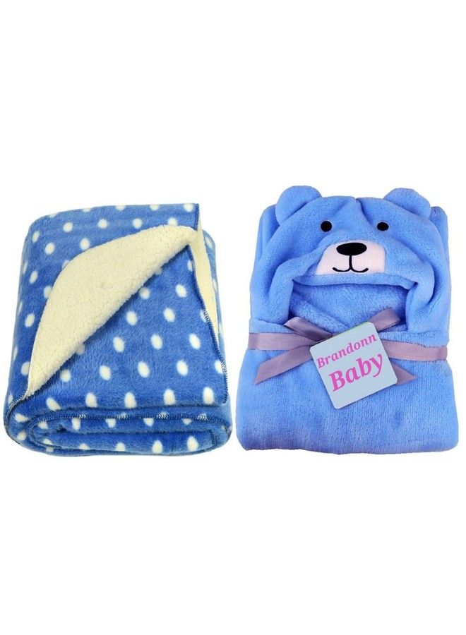 Brandonn All Season Supersoft Hooded Blue Dog And Royal Dotted Printed Baby Blanket And Bath Towel Pack Of 2 - Image 1