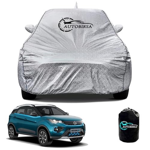 AUTOBIRSA 100% Waterproof Car Body Cover for Tata Nexon EV with Mirror and Antenna Pocket and Soft Cotton Lining (4 Side Elastic Triple Stitched & Metallic Silver with Black Piping Style) - Image 1